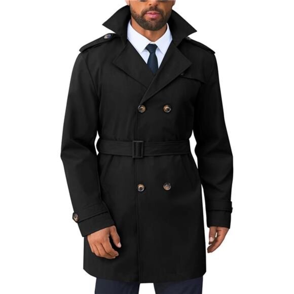 Men's Trench Coat Double Breasted Notched Lapel Black - Picture 1 of 4